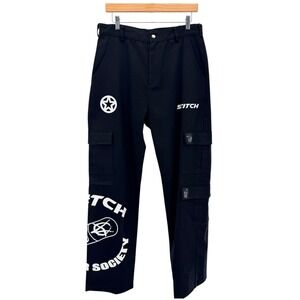 Y2K Graphic‎ Cargo Pants Black Anime Skull Streetwear Alt Utility Rave Stitch L